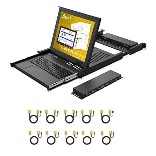 Image of 17" LCD KVM Console 8 Port VGA, Yinker Rackmount KVM Switch Console Fit 1U 19" Rack, Monitor KVM Touchpad Drawer + 8 Packs KVM Cables, w/UK Power Supply