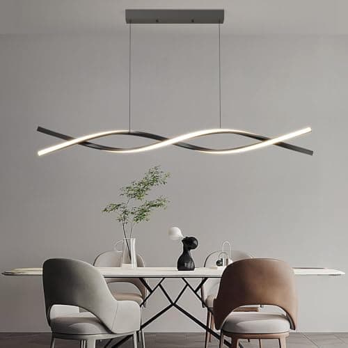 Image of Mikeru 100CM Wave Pendant Light, 10%-100% Dimmable, Remote Control for 3 Colors Light 3000K/4500K/6000K, Black Kitchen Island Lights for Dining Room, Living Room