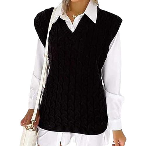 Image of Sleeveless Jumpers for Women Plain Ladies Chunky Knit Vest Womens Knitted Winter V Neck Tank Top Cable Sweaters Pull Over Soft Casual Outwear Sleeveless Jumper Plus Size UK (Black, 12-14)