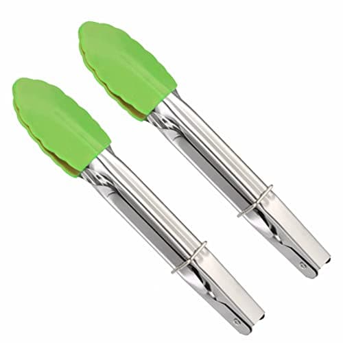 Image of SUL Stainless Steel Kitchen Tongs Non Stick for Grilling Frying with Silicon Tips for Cooking, Serving, Barbecue, Buffet, Salad, (Size – 7 inch /18cm) 2 Pack - Green