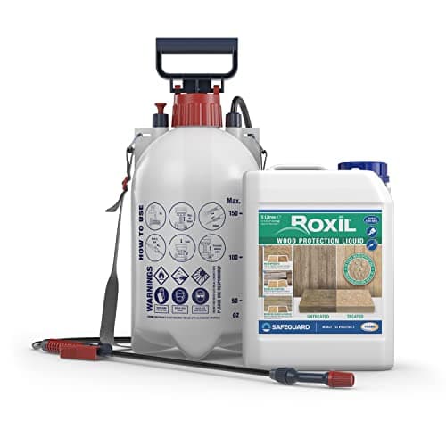 Image of Roxil Wood Waterproofing Liquid (5L & Sprayer Clear) 10 Year Outdoor Wood Preserver, Sealer for Decking, Fence, Sheds and Furniture