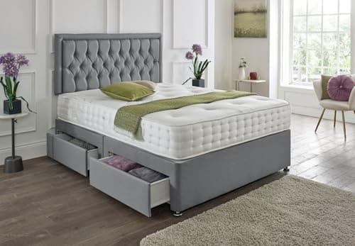 Image of SANA SLEEP Designer Damask Memory Foam Divan Bed Set With Mattress, 2 Drawers (Same Side) and Headboard 5FT King - Damask Grey