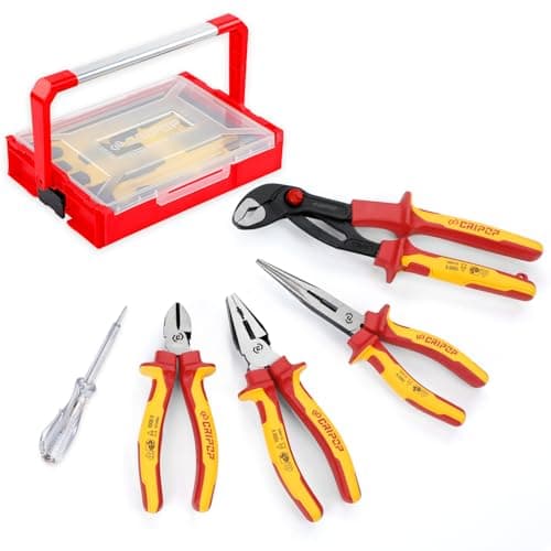 Image of CRIPOP 5PCS VDE Insulated Pliers Tool Set,1000V Insulated Electrical Tools Kit,Includes 190mm Combination Plier, 165mm Diagonal Cutter, 210mm Long Nose/280mm Water Pump Plier & Voltage with Box