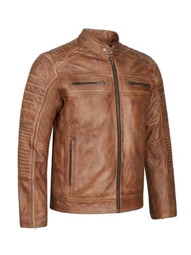 Image of Leatherick Mens Distressed Tan Brown Genuine Leather Cafe Racer Biker Jacket Retro Style Vintage Jacket (UK, Alpha, S, Regular, Regular)