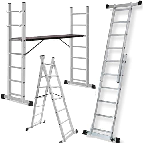 Image of Aluminium Multi-Purpose Platform Ladder Adjustable 4-in-1, Scaffolding Step and Straight Ladder 150 kg Capacity Folding EN:131 TUFFMATE