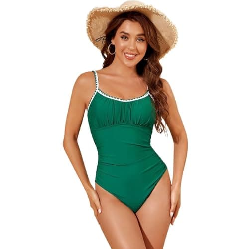 Image of Sillictor Swimming Costume Women Tummy Control One Piece Swimsuit Ruched Low Back Padded Modest Swimwear Cute Ladies Slimming Swim Suits for Bathing Surfing, Breathable Quick Dry 5040 Green L