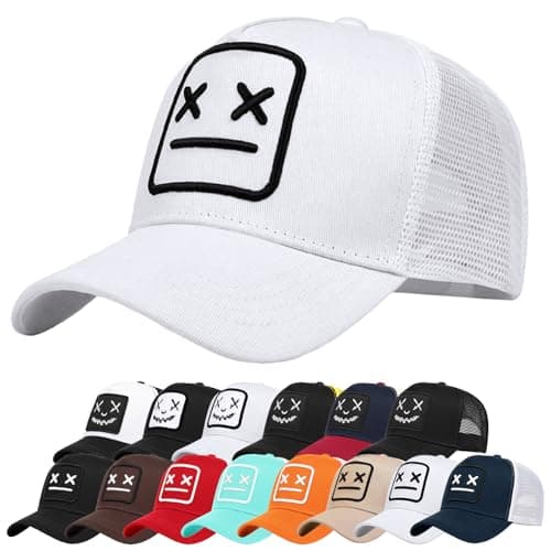 Image of Enwokran Baseball Cap Mens Quirky Bizarre Embroidery Hats Unisex, Hip Hop Trucker Caps Adjustable Mesh Back UPF 50+ UV Protection Summer Sun Hat Sports Cap (White)