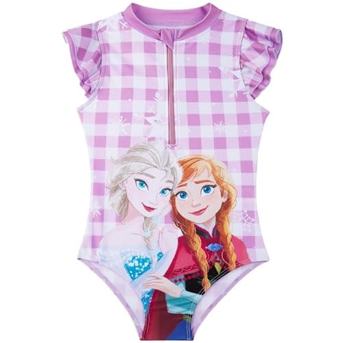 Image of Disney Frozen Girls Swimming Costume 3-8 Yrs, One Piece Kids Bathing Swim Suit, Front Zip-Up Beach Pool Swimwear Accessories (4-5 Years, Purple Frozen)
