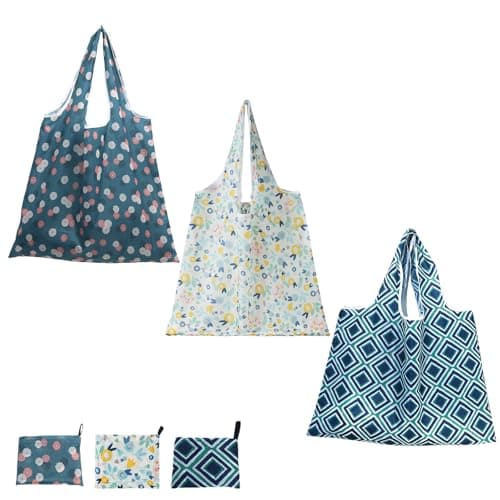 Image of BAOWUABJ 3Pcs Reusable Shopping Bags, Foldable, Washable Grocery Bags Foldable in a Pouch Eco Tote Shopping Bag Groceries Tote Bags for Daily Shopping Loading (Mixed color-2)