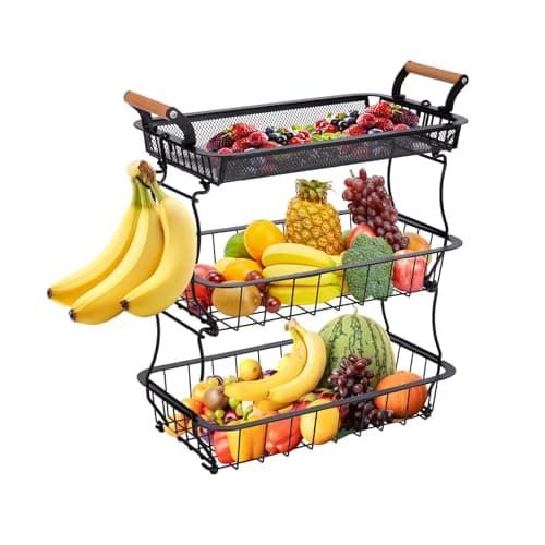 Image of 3-Tier Metal Fruit Basket with 2 Banana Hangers - Countertop Vegetable Organizer for Kitchen, Pantry & Dining Room | Rust-Resistant Wire Mesh Design | Holds Fruits, Veggies, Bread & Snacks (Black)