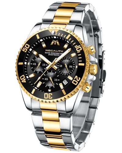 Image of MEGALITH Mens Watches Chronograph Gold: Stainless Steel Watches for Men Designer - Black Face Wrist Watch Waterproof Analogue Dress Luminous Date