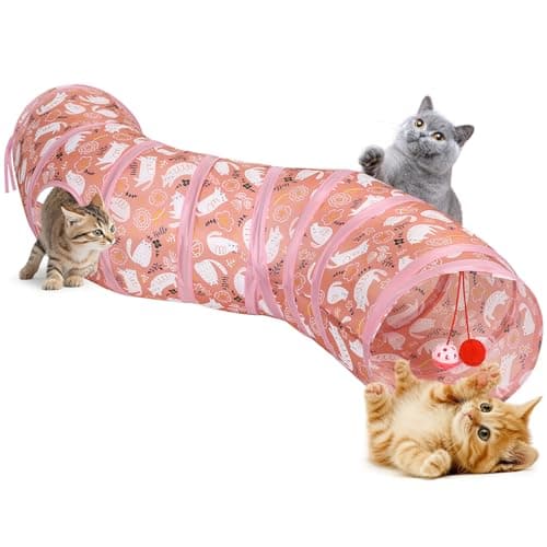 Image of Pawaboo Cat Tunnel, S-Shaped Cat Tube Tunnel 25 * 97cm(9.8''*38.2'') with Balls and Bells, Collapsible Portable Kitten Play Tent Toy Interactive Cats House with Peep Holes for Kitty, Pink Kitties