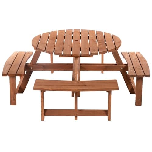 Image of Outsunny Wooden Garden Dining Set, 8 Seater Round Dining Picnic Table with Matching Bench, Garden Furniture Set with Parasol Hole for Outdoor Patio Party and Family Gatherings, Brownish Red