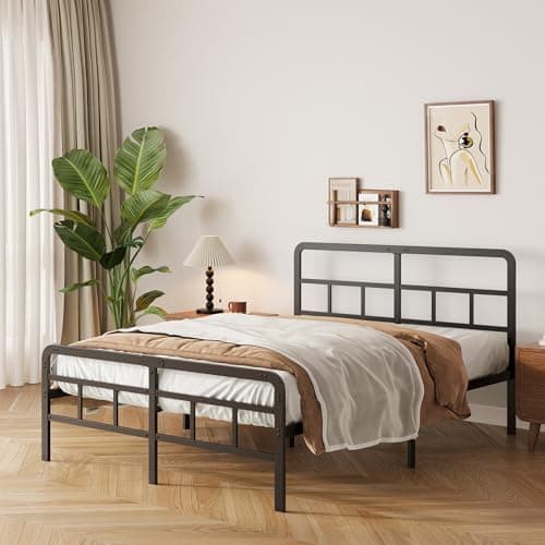 Image of Yicensen Small Double Bed Frame with Headboard and Footboard 120 x 190 cm, Black Small Double Platform Bed with Heavy Metal Slats for Stable Support, No Box Spring Needed, Noise Free, Easy Assembly