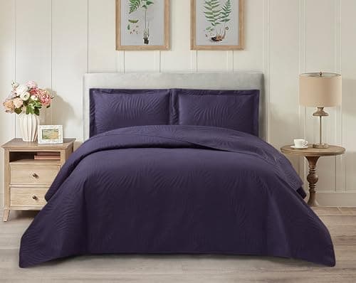 Image of BQC Quilted Bedspread King Aubergine - Luxury Ultra Soft Plush Bed Throw with 2 Pillow Shams (50 x 75 cm) - Warm Cozy Winter Decorative Embossed Leaf Pattern Bedding Cover For Bedroom