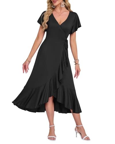 Image of AUSELILY Summer Dresses for Women UK Midi Wrap Beach Casual V-Neck Short Sleeve Slit Ruffle Dress for Cocktail Wedding Guest Black