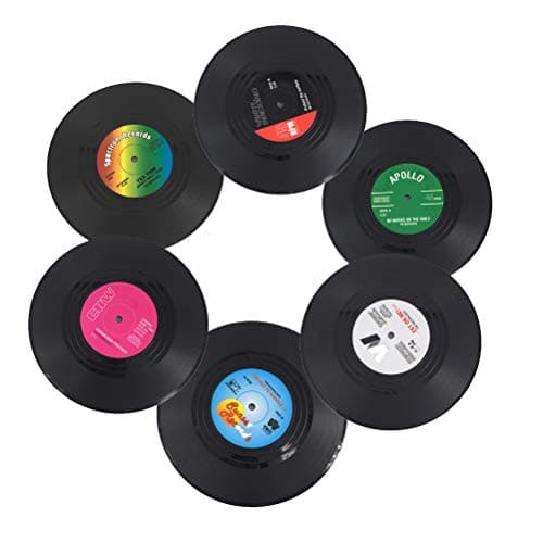 Image of Cluos Record Coasters for Drinks Colorful Retro Vinyl Disk Coasters with Funny Labels, Prevent Furniture from Dirty and Scratched (6 Pcs)