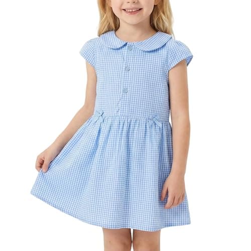 Image of Fiohiros Girls Blue Gingham Dress School Uniform Peter Pan Collar Bow School Dresses for Girls Age 4-8 Years (Blue, 7-8 Years)
