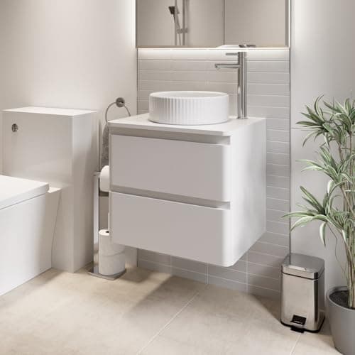 Image of Affine® Forma 600mm Bathroom Cloakroom Vanity Unit Countertop Round Fluted Basin Sink Wall Hung Storage Furniture Soft Close Drawers, White Gloss