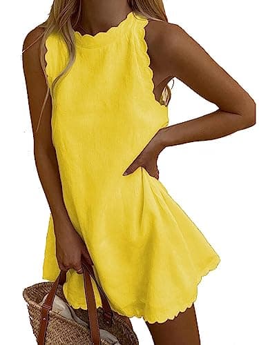 Image of Women Sleeveless Tank Dress Linen Solid Halter Scallop Casual Mini Dress Back Zipper Summer Beach Dress Sundress (A-Yellow, M)