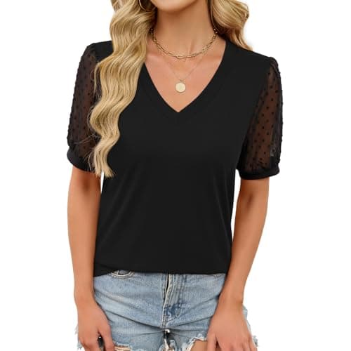 Image of Elesomo Lace Short Sleeve Tops for Women UK V-Neck T-Shirts Summer Casual Tshirt Basic Tee, Black XXL