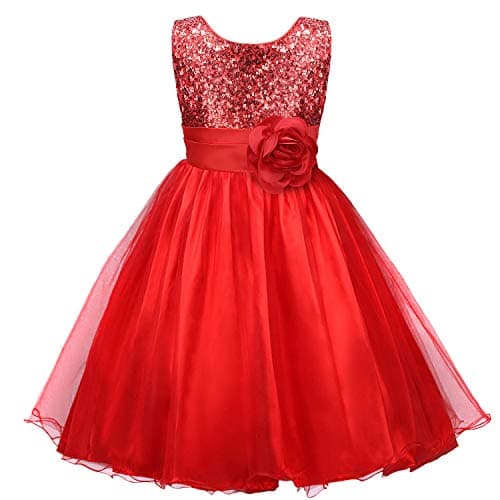 Image of Discoball Girls Princess Dress Sequin Tulle Flower Pageant Birthday Party Wedding Bridesmaid Girl Dresses for 3-12 Years Red