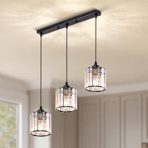 Image of Warmiehomy Modern Crystal Chandelier 3 Lights, Hanging Lights Adjustable Height, E27 Pendant Ceiling Light for Kitchen Island, Living Room, Bedroom, Hallway,Round,L50*W15*H120cm(Black)