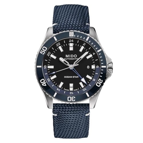 Image of MIDO Ocean Star GMT - Swiss Automatic Watch for Men - 44mm Stainless Steel Case with Rotating Bezel, Black on Blue Fabric, Diving Watch