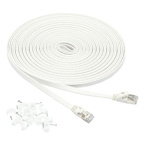 Image of Amazon Basics Cat 7 Flat Ethernet Cable, 9.1 m (30ft), 600MHz Shielded, Snagless RJ45, with Nails for Easy Installation, White
