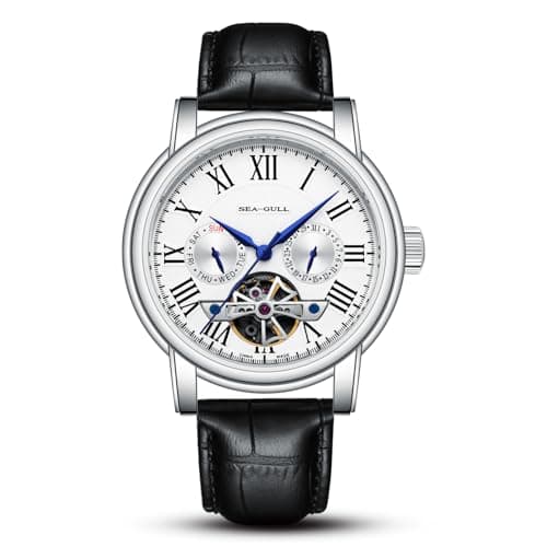 Image of SEA-GULL Men's Automatic Watch ST2502 Mechanical Wrist Watch with Multi-Function Calendar, Hollow Flywheel, 50M Waterproof Sapphire Crystal, Leather Strap (white-D819.624)