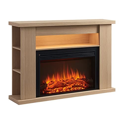 Image of FLAMME 51" Lipson Electric Fireplace Suite Natural Oak Colour with Storage Shelves Includes 2000w Heater with Glass Fronted Flame Effect, Remote Control