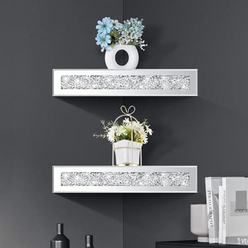 Image of DEENZ Conner Shelf Crushed Diamond Mirrored Decorative Wall Shelf Triangle Corner Wall Shelves Crystal Glass Silver Mirror Home Decor Bedroom Living Room (2)