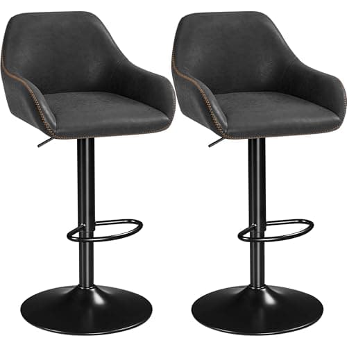 Image of Yaheetech Bar Stools Set of 2, Height Adjustable Swivel Breakfast Barstools, PU Leather Upholstered Bar Chair with Backrest, Armrests and Footrest for Home Kitchen, Black