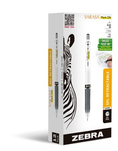 Image of Zebra Pen Sarasa Mark ON Gel Retractable Pen, Fine Point, 0.5mm, Black Ink, 12-Pack