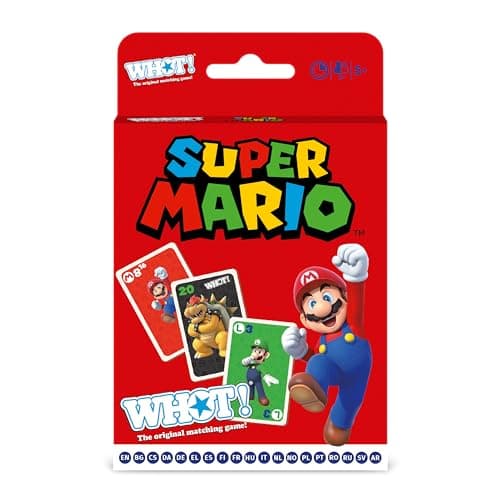 Image of Waddingtons Number 1 Super Mario WHOT! Card Game, Take turns matching shapes, numbers, and characters including Mario, Luigi, Yoshi, Peach and Toad, educational travel game for ages 5 plus