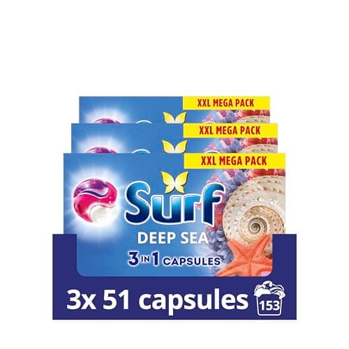 Image of Surf 3 in 1 Deep Sea Laundry Washing Detergent Capsules joy-infused fragrance with natural essential oils lasting up to 12 hours in wear for brilliantly clean results 153 washes (1 x 51 capsules)