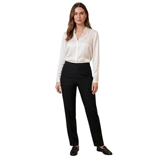 Image of Ladies Trousers Half Elasticated Waist Women Straight Leg Pants Pull On Stretch Work Office Formal Casual Bottom with Pockets Lightweight Smart Trouser Black 18/27
