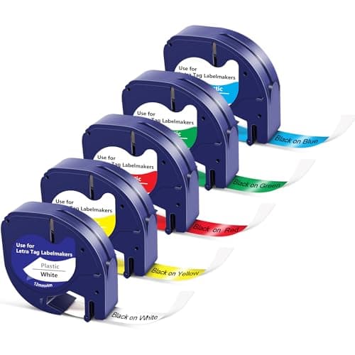 Image of 5 Pack Compatible with Dymo LetraTag Label Tape 12mm x 4m Multicolour for Dymo Label Maker LT-100H 100T 110T XR QX50 200B Black on White Yellow Red Green Blue