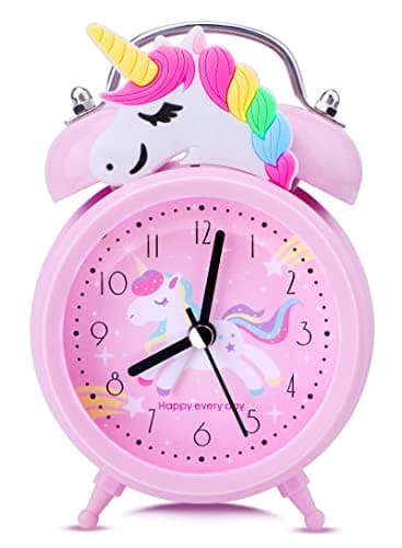 Image of TCJJ Silent Bedside Kids Alarm Clock with Night Light,Non-Ticking Pink Loud Twin Bell Unicorn Clock for Girls Bedroom Desk,Suitable for School/Easter