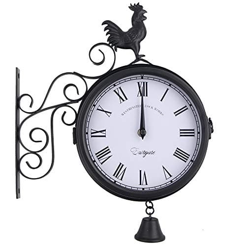 Image of Timelike rought Iron Antique-Look Black Round Wall Hanging Double Sided Two Faces Retro Station Clock Round Chandelier Wall Hanging Clock with Scroll Wall Side Mount Home Décor