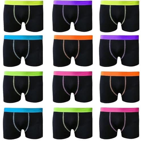 Image of 6/12 Pairs Boys Boxer Shorts Cotton Rich Designer Trunk Boxers Underwear 5-13 (7/8 YRS, 12 Pack Black With Neon Band Trunk/Boxer)