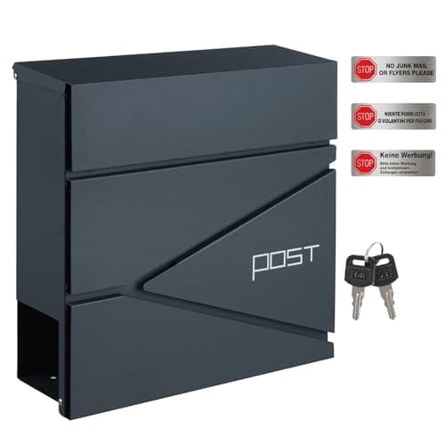 Image of SONGMICS - GMB051G02 - Wall Mounted Post Box with Newspaper Holder, Keys, Easy to Install, Modern Design, Charcoal Grey