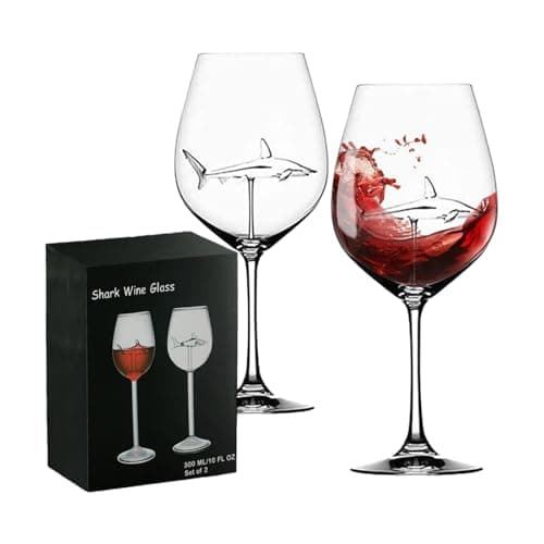 Image of Shark Wine Glasses Set of 2 with 3D Shark Inside, 300ml Lead-Free Glass Goblets, Gift Box, Funny Novelty Gift for Women & Men, Birthday Wedding Anniversary (Clear)