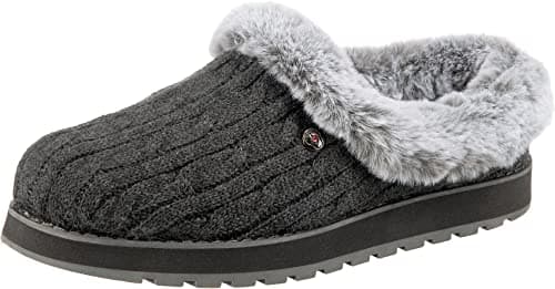 Image of Skechers Women's Keepsakes Ice Angel Slippers, Charcoal Cable Knit Sweater/ Faux Fur Trim, 3 UK