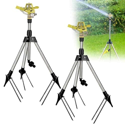 Image of BAUSATZ Outdoor Water Sprinkler for Yard Lawn Sprinkler with Zinc Alloy Sprinkler Head Tripod Hose Sprinkler 360 Degree Rotating Tripod Sprinkler Adjustable Garden Sprinkler Impact Sprinkler 2pcs