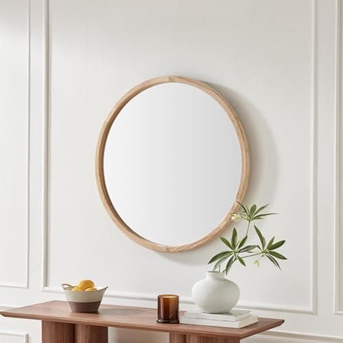 Image of Furniturebox UK 'Judith' Round Wooden Wall Mirror 80x80cm, Rounded Simple Mid-Century Oak Wood Frame For Bedroom, Living Room, Hallway, Decorative Home Accessories