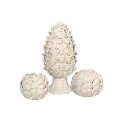 Image of White Ceramic Artichoke Decorative Set, 3-Piece, Statue Ornament, Candle Holder, Vase for Home Decor