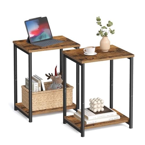 Image of VASAGLE Set of 2 Side Tables, 2-Tier Sofa Side Tables, Bedside Tables with Steel Frames, for Living Room, Bedroom, Home Office, Industrial Style, Rustic Brown and Black LET272B01