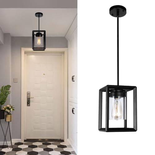Image of JHLBYL 1-Light Black Ceiling Pendant Light Fitting with Clear Glass Shade, Farmhouse Metal Cage Hanging Ceiling Lights with E27 Dimmble Base for Kitchen Island, Entryway, Dining Room, Hallway