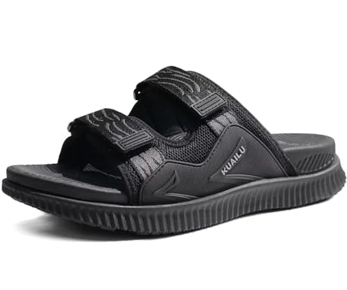 Image of KuaiLu Mens Walking Slide Sandals Orthotic Athletic Thick Cushion Recovery Sport Sandles Adjustable Strap Open Toe Slip On Yoga Mat With Comfortable Plantar Fasciitis Arch Support Black Size 9